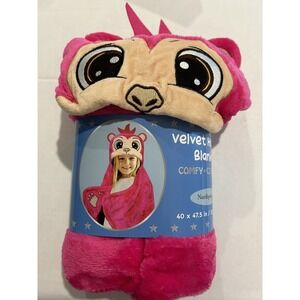 Monkey Pink Velvet Hooded Blanket New Kids Plush Birthday Christmas 40 X 47.5
